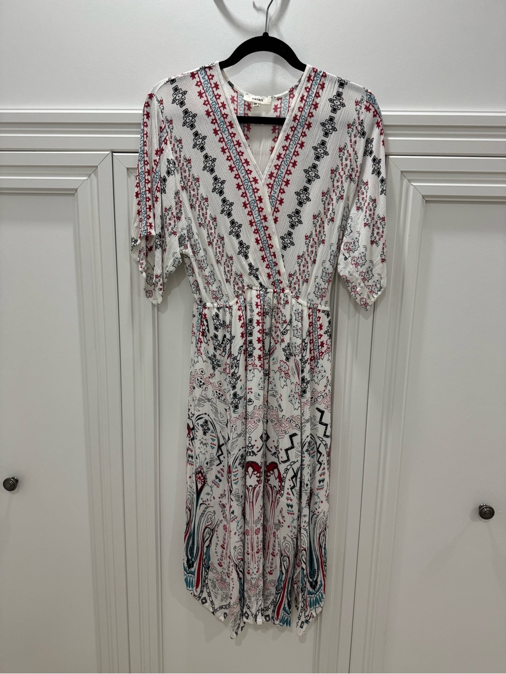 White Printed V-Neck Midi Dress with Red and Black Accents